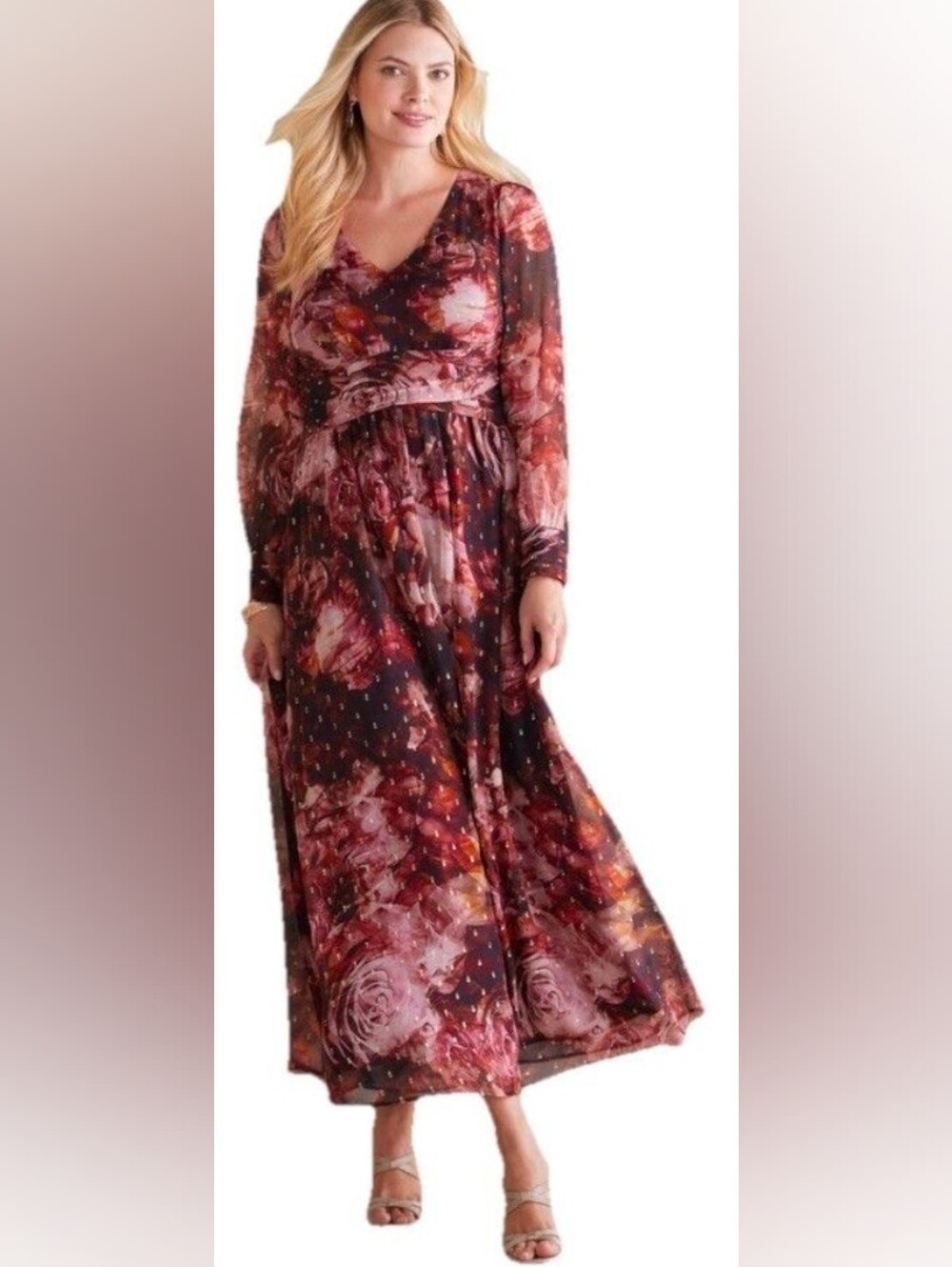 Soft Surroundings Rina Silk Rose-Print Long Sleeve V-Neck Dress